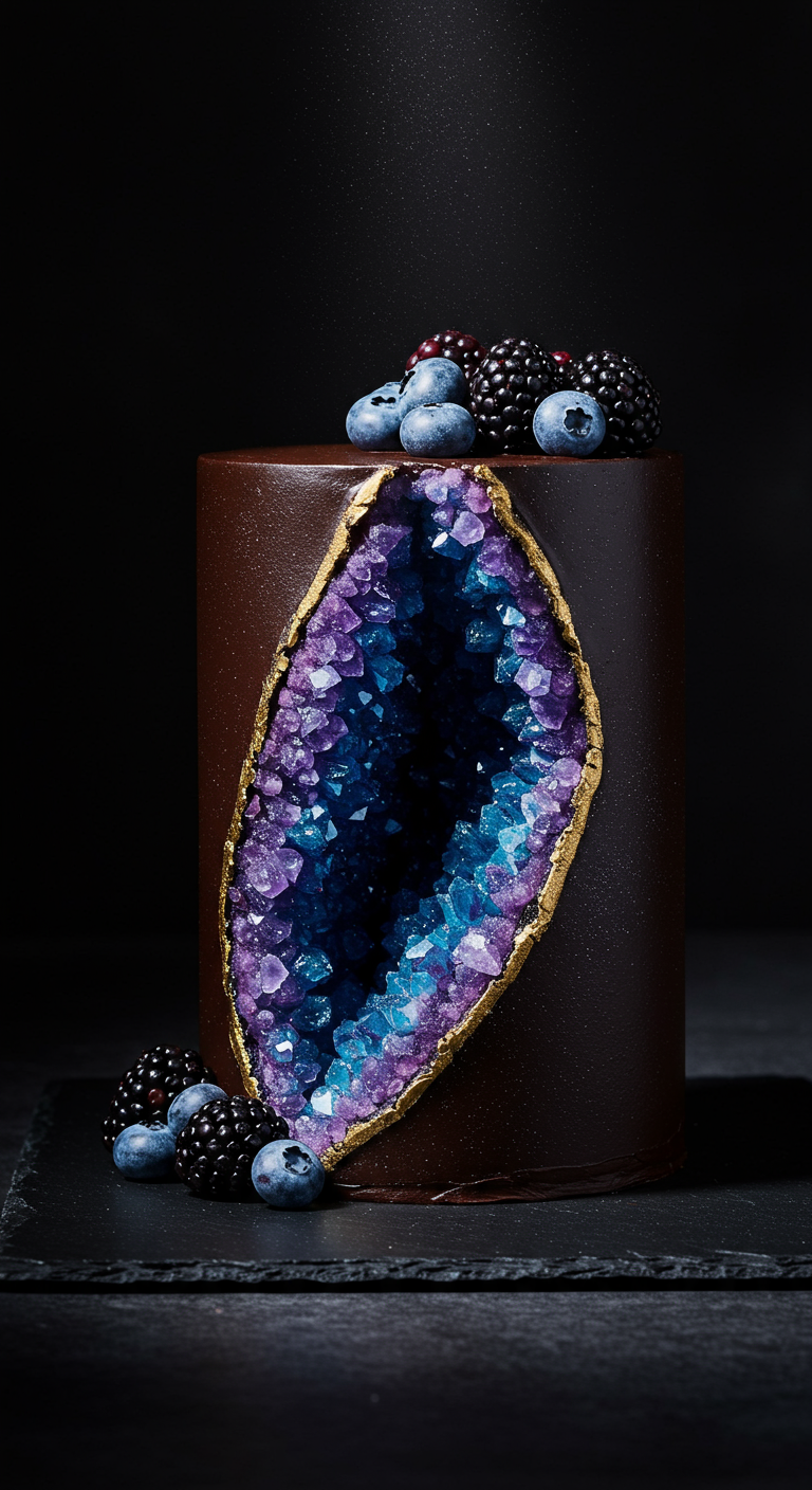 Schokoladentorte mit blau-lila Geoden-Ausschnitt und Beeren.