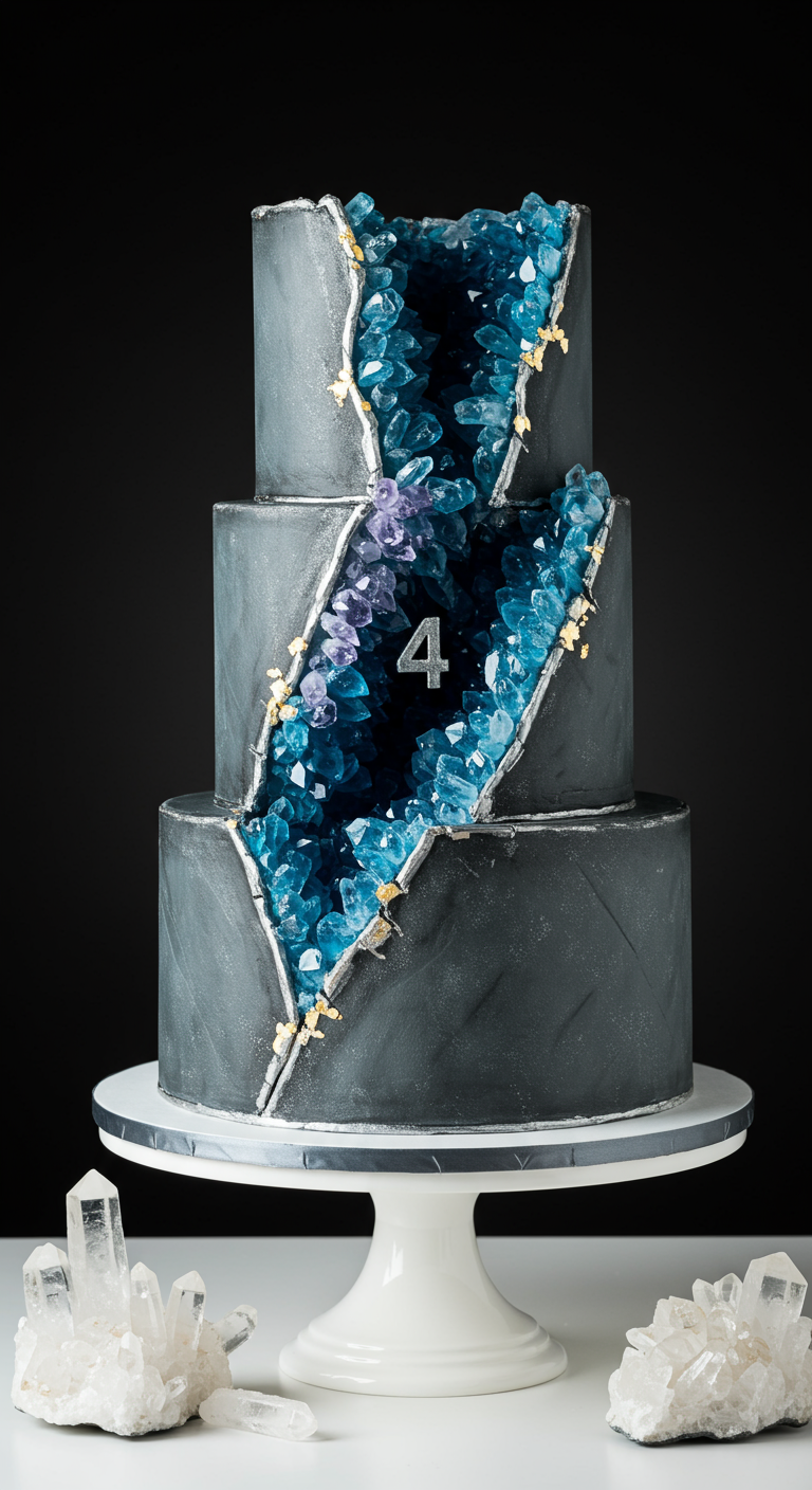 Graue dreistöckige Torte mit aufbrechender Geode aus blauen Kristallen.