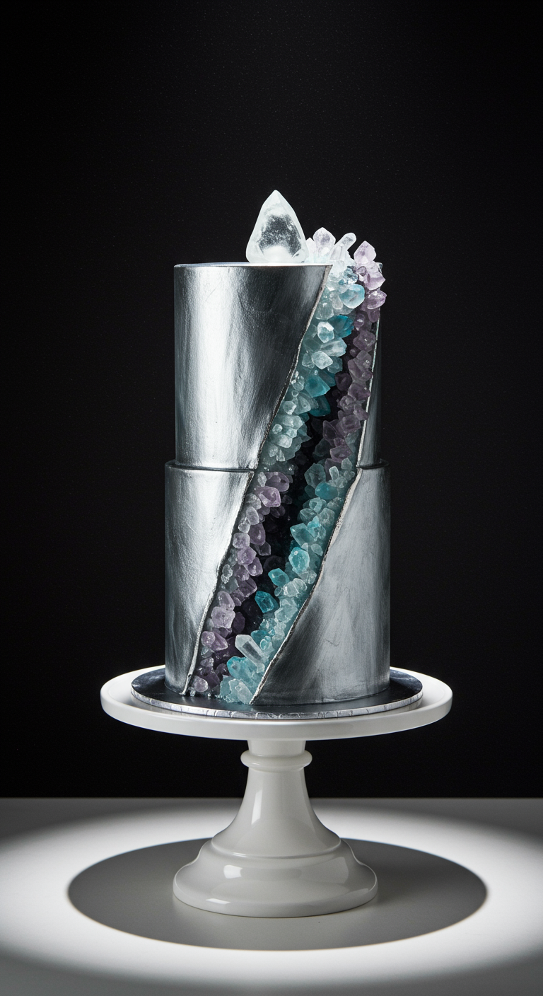 Zweistöckige silberne Geoden-Torte mit blauen und lila Kristallen.