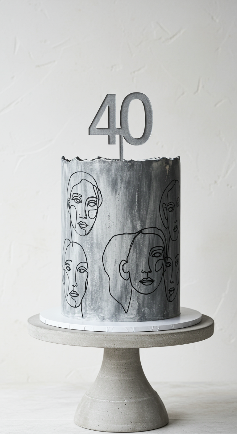 Graue Torte mit schwarzen Linienkunst-Gesichtern und 