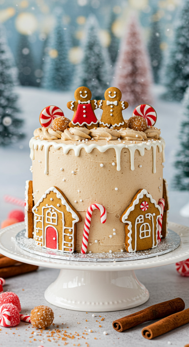 Beige Torte mit weißen Tropfen, dekoriert mit Lebkuchenfiguren, -häuschen und Zuckerstangen.