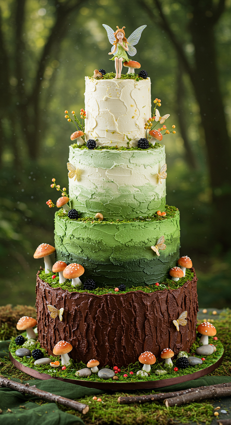 Mehrstöckige Wald-Torte mit Fee, Pilzen, Ombré-Grün.