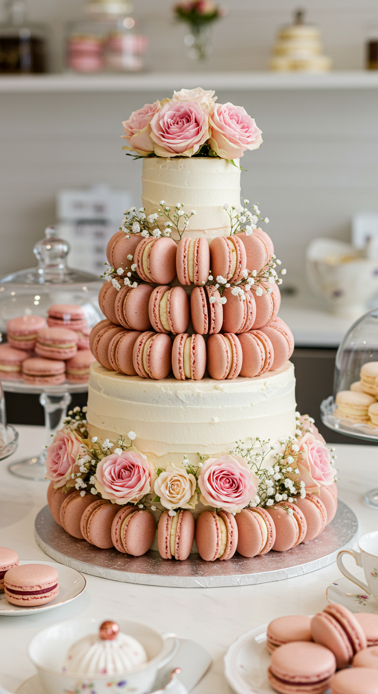 Mehrstöckige Torte mit Reihen aus rosa Macarons und frischen rosa Rosen sowie Schleierkraut.