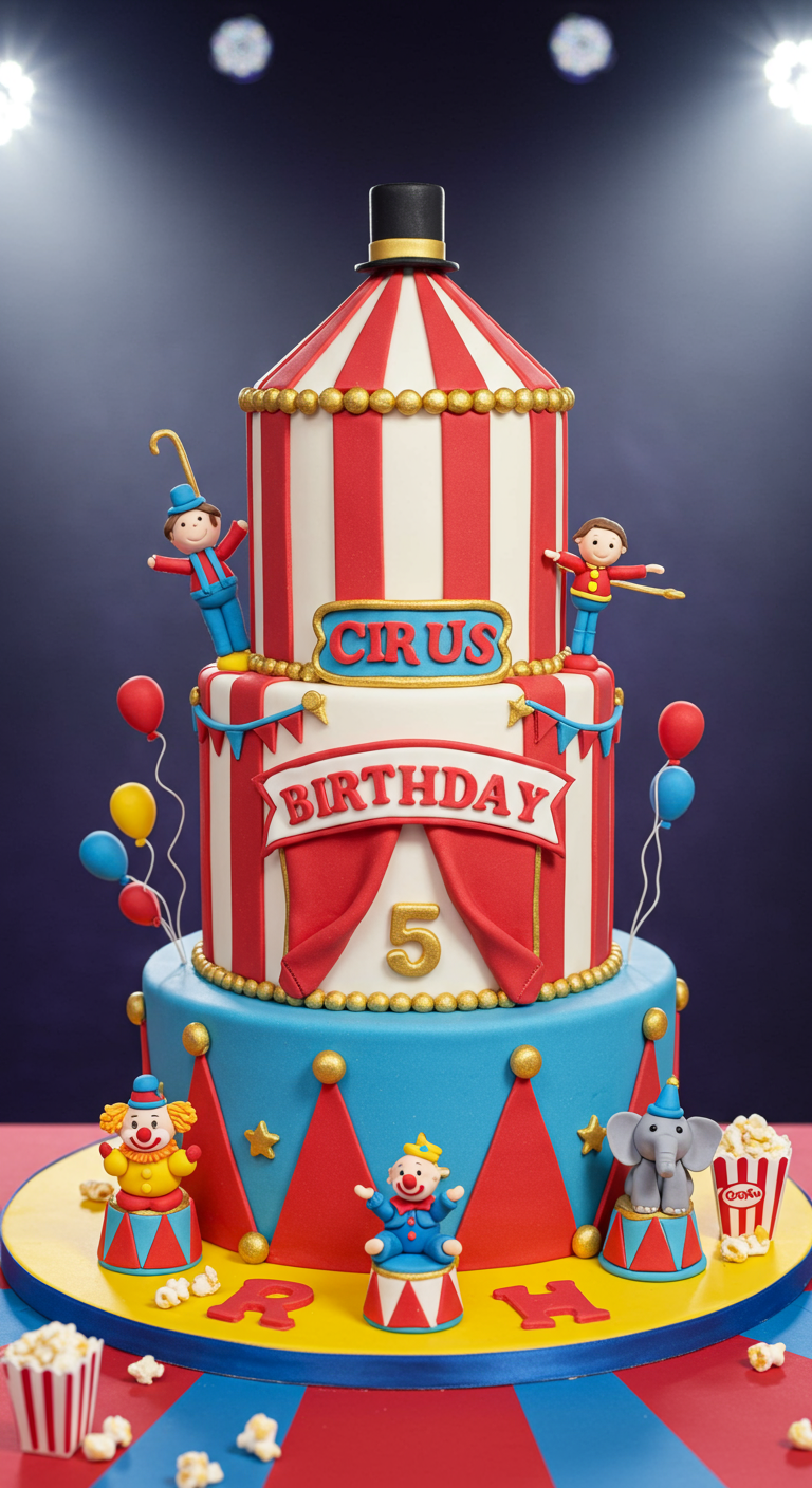 Mehrstöckige Zirkus-Torte mit rot-weißem Zelt, Clowns und Zirkustieren.