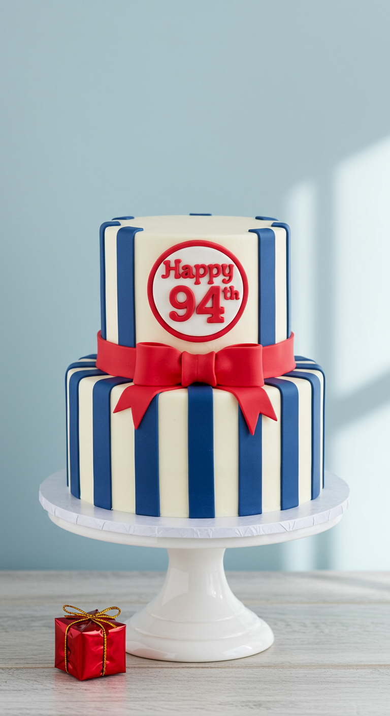 Zweistöckige Torte mit blauen und weißen Streifen und einer großen roten Schleife.