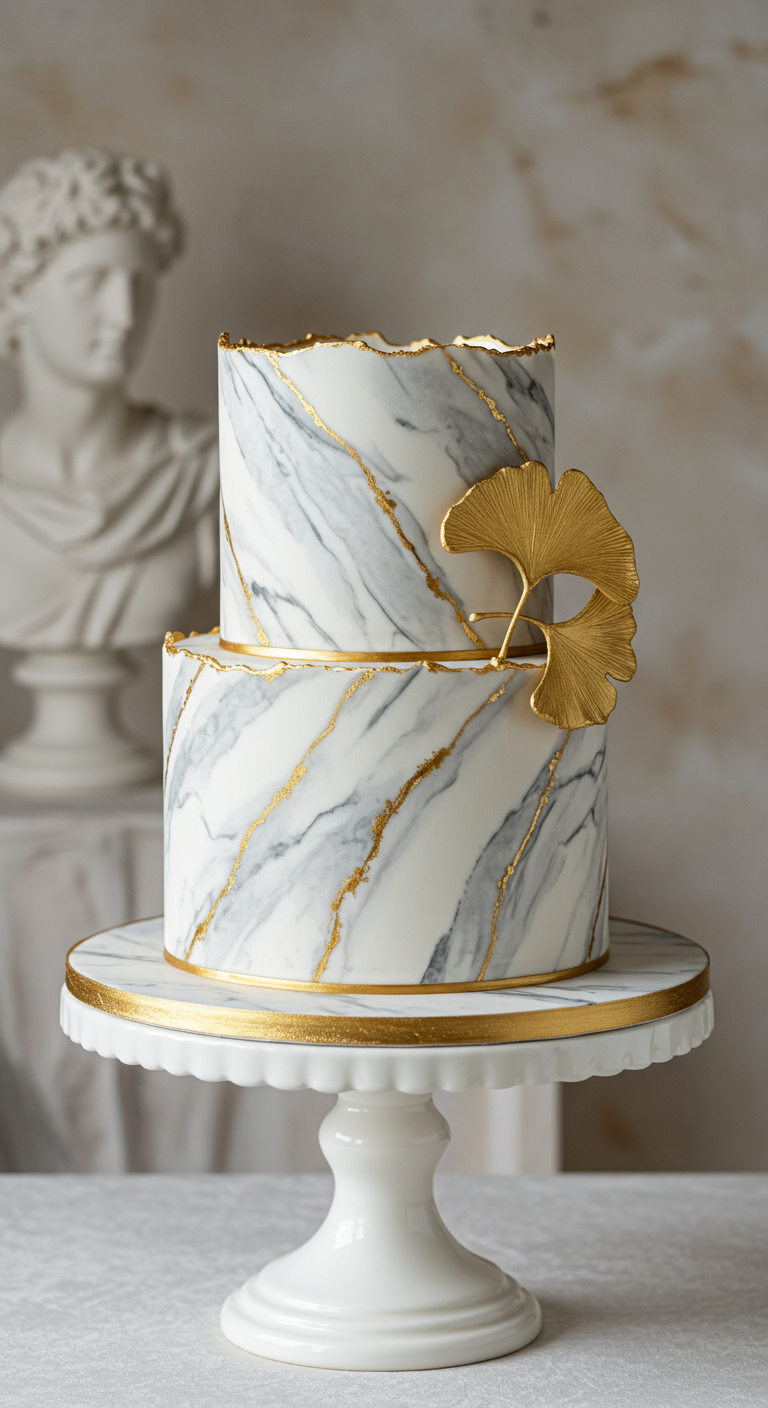 Zweistöckige Torte in Marmoroptik mit goldenen Akzenten und Ginkgoblatt.