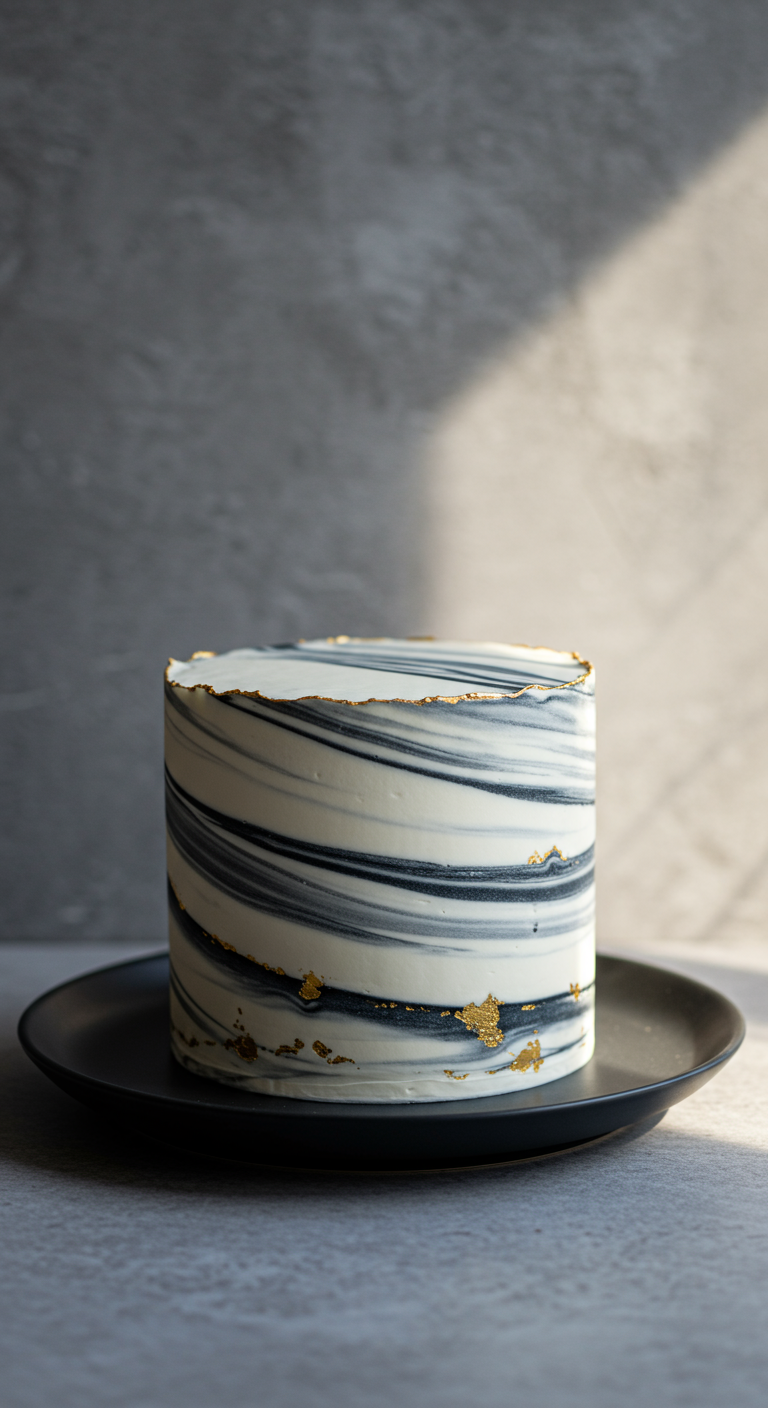 Runde Torte mit schwarz-weißem Marmor-Effekt und goldenen Akzenten.