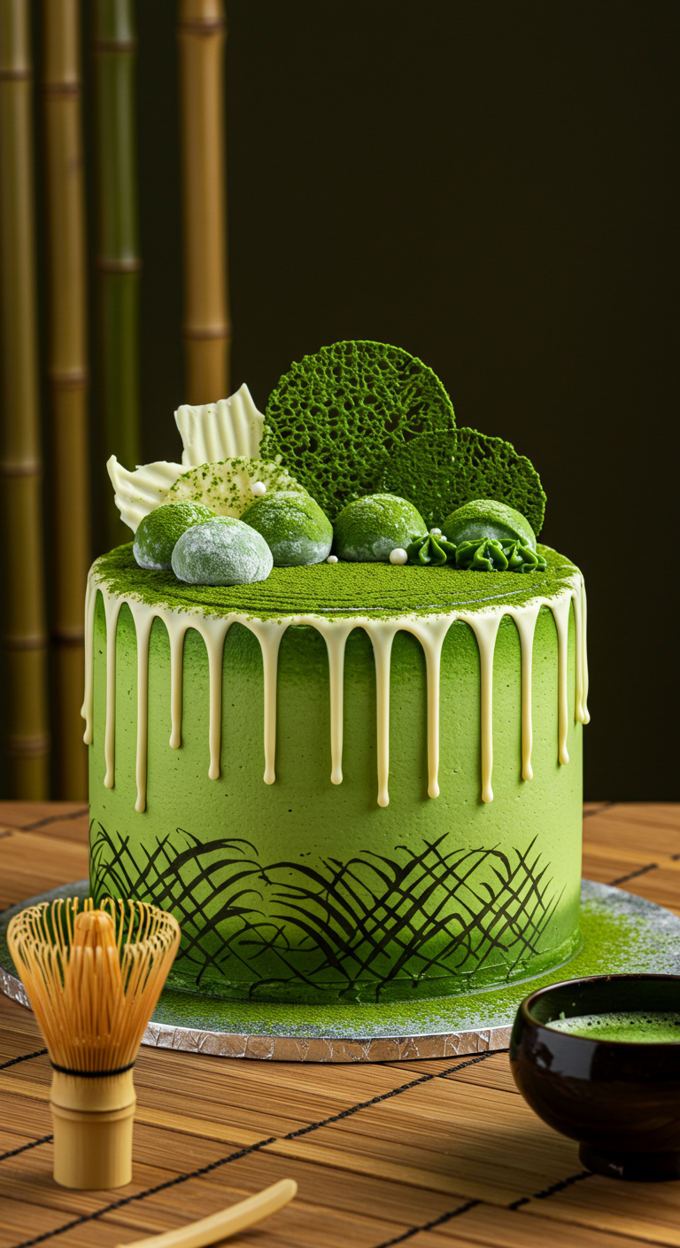 Grüne Matcha-Torte mit weißem Schokoladen-Drip und japanischen Deko-Elementen.