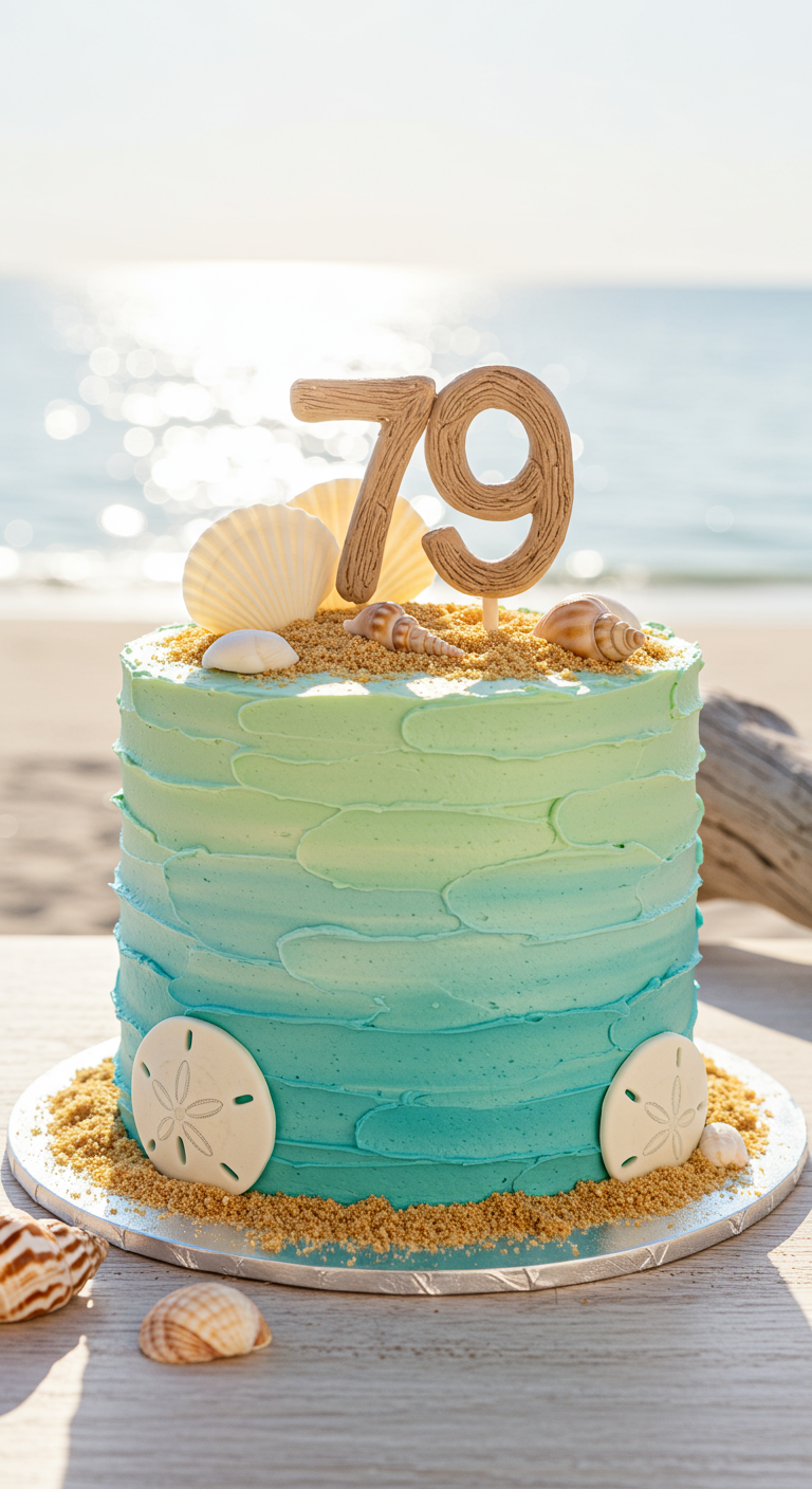 Türkis-grüne Ombré-Torte mit Sand-Effekt, Muscheln und hölzerner Zahl 79.