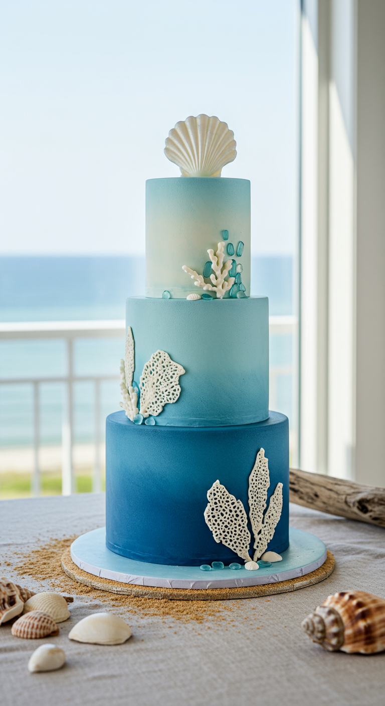 Dreistöckige Torte in Blau-Ombré mit Muschel- und Korallen-Deko.