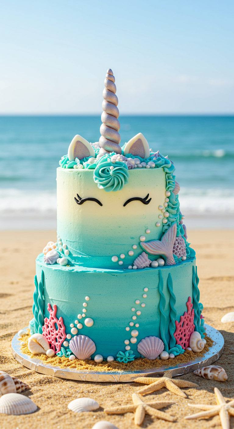 Zweistöckige Einhorntorte im Meerjungfrauen-Stil mit Muscheln, Seesternen und türkisfarbenem Ombré.
