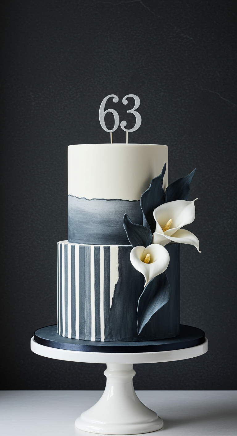 Zweistöckige Torte in Schwarz, Weiß, Grau mit Calla-Lilien und Streifenmuster, Zahl 63.