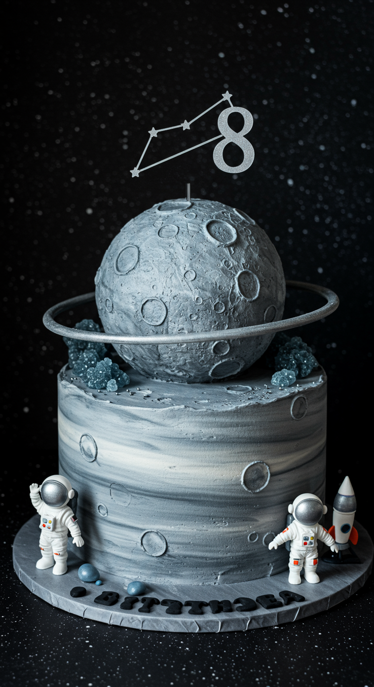 Weltraum-Torte mit Mond, Planet, Astronauten und einer „8“ als Sternbild