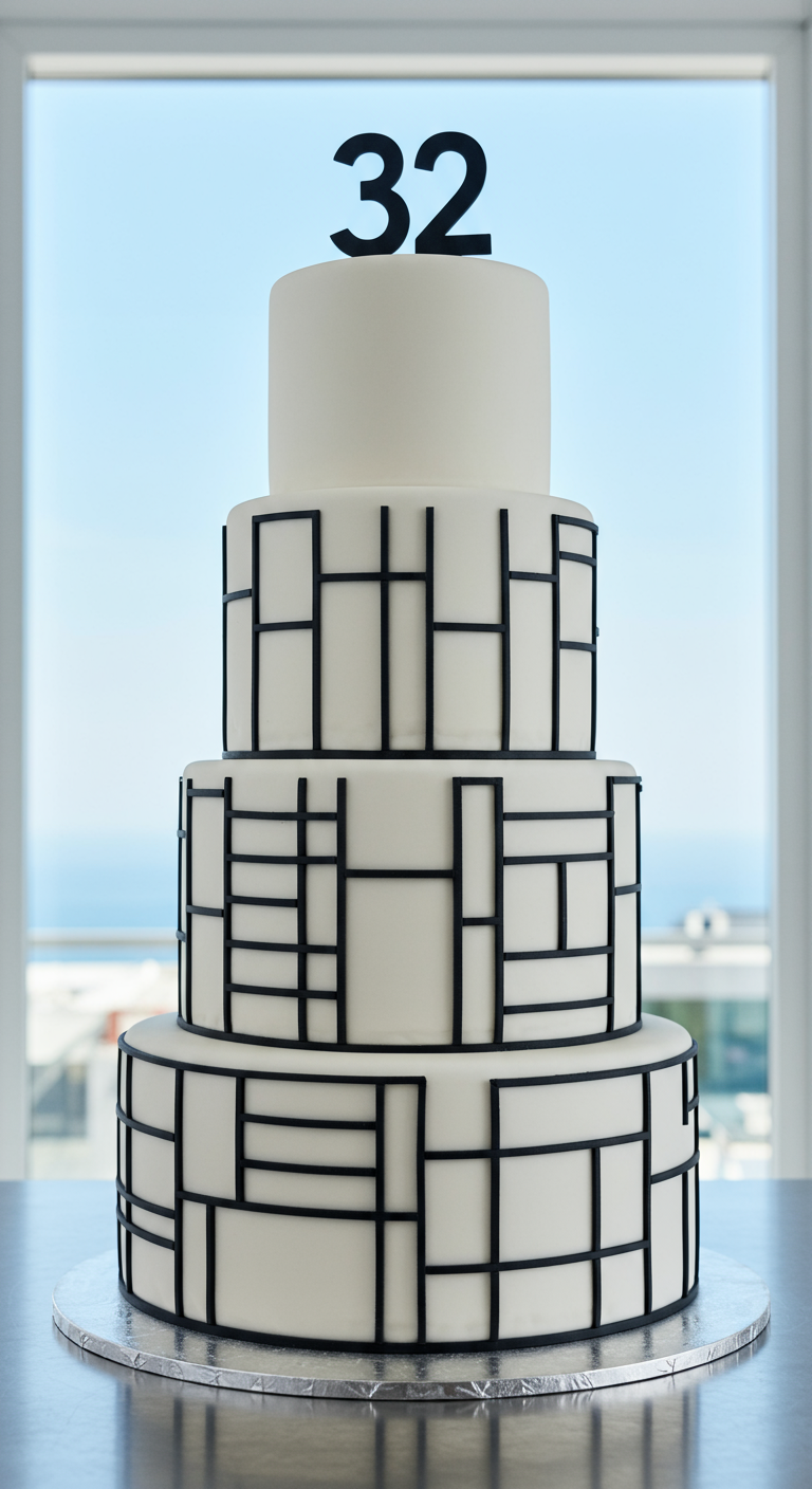 Hohe, mehrstöckige weiße Torte mit schwarzen geometrischen Linien im Mondrian-Stil.