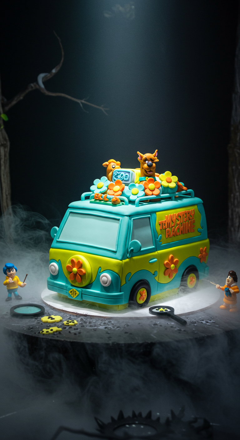 Scooby Doo Mystery Machine Van als Torte mit Figuren und Nebeleffekt.