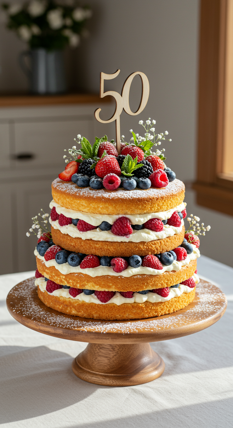 Dreistöckiger Naked Cake mit Sahne, frischen Beeren und '50' Holztopper.