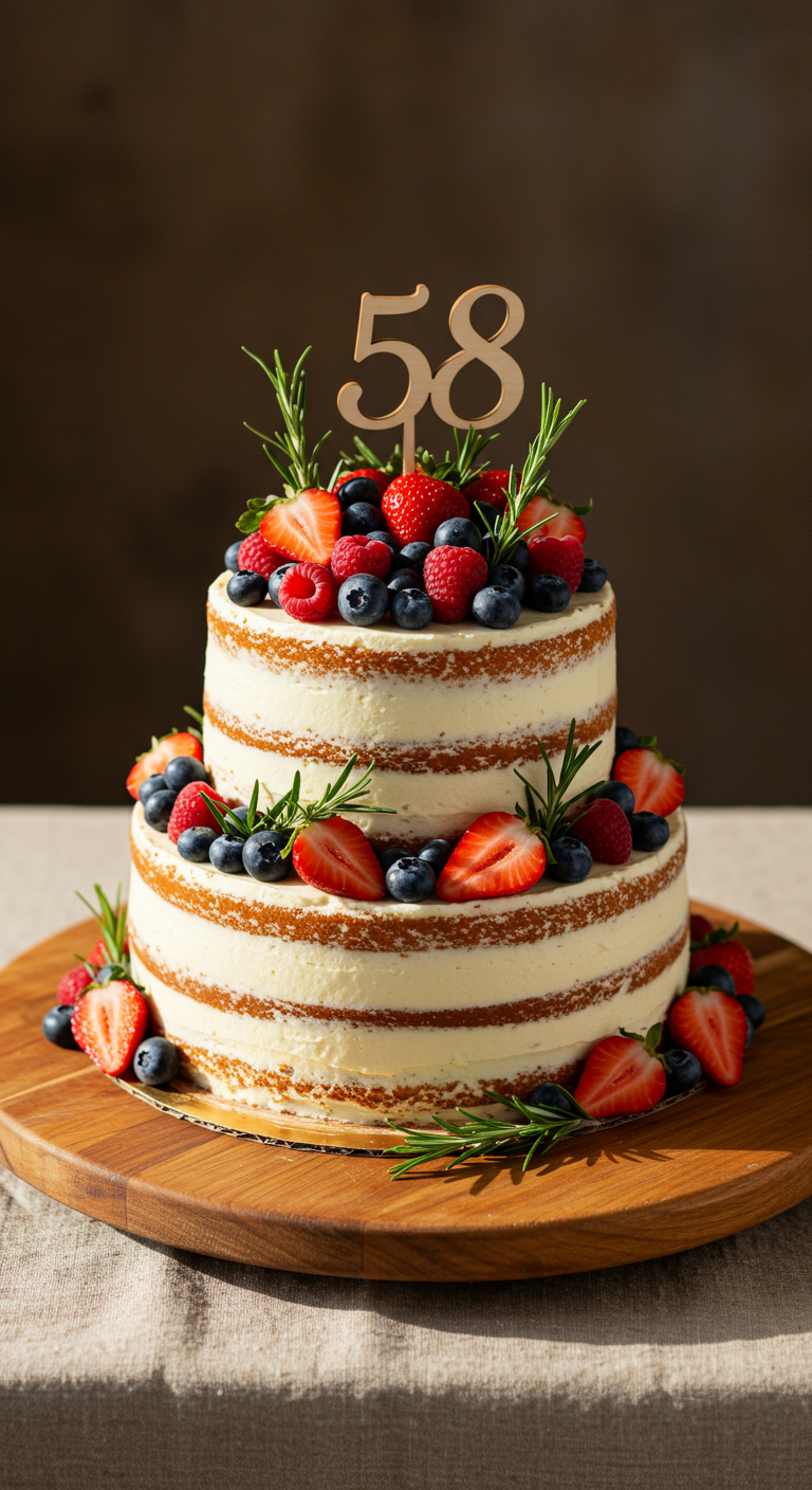 Zweistöckiger Naked Cake mit frischen Beeren, Rosmarin und einem hölzernen „58“ Topper.