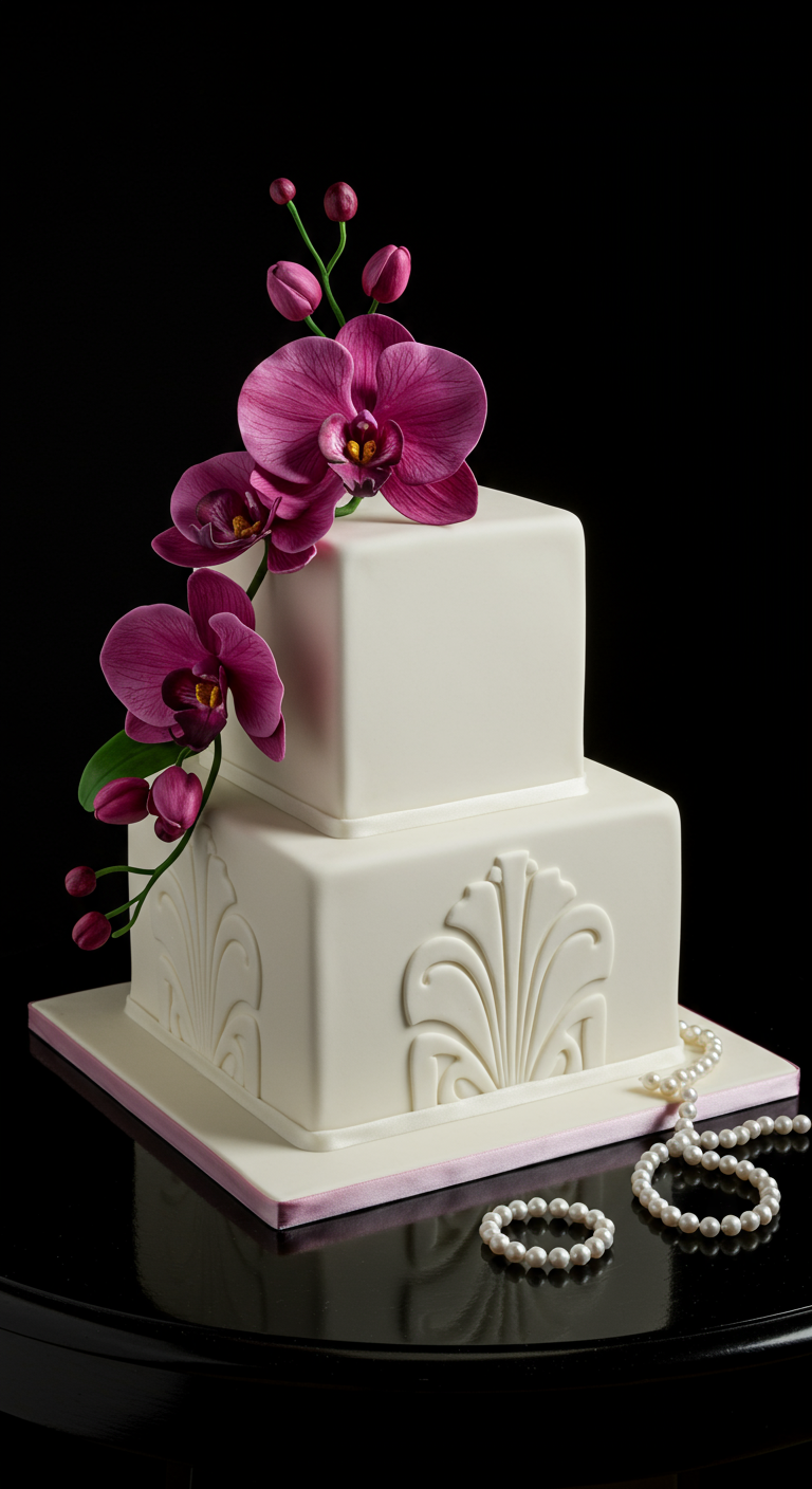 Weiße, quadratische Torte mit lila Orchidee und Perlenkette.