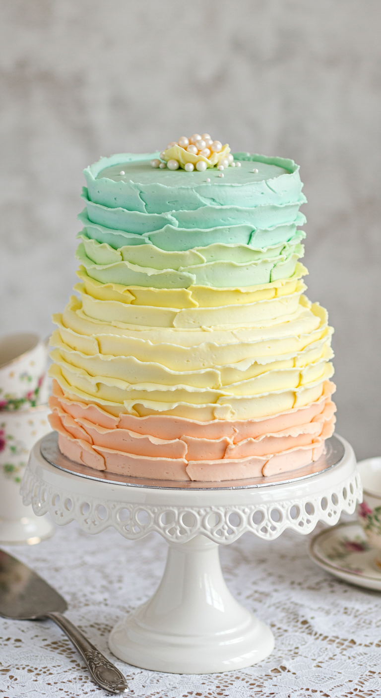 Mehrstöckige Torte mit Buttercreme-Rüschen in Pastellfarben (Mint, Gelb, Apricot).