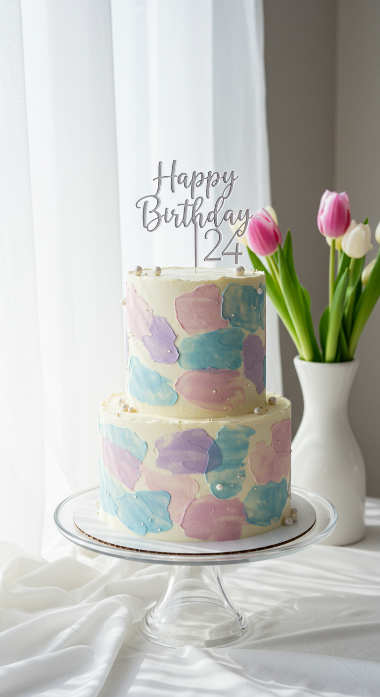 Zweistöckige Torte mit pastellfarbenen Buttercreme-Flecken in Rosa, Blau und Lila, „Happy Birthday 24“ Topper.