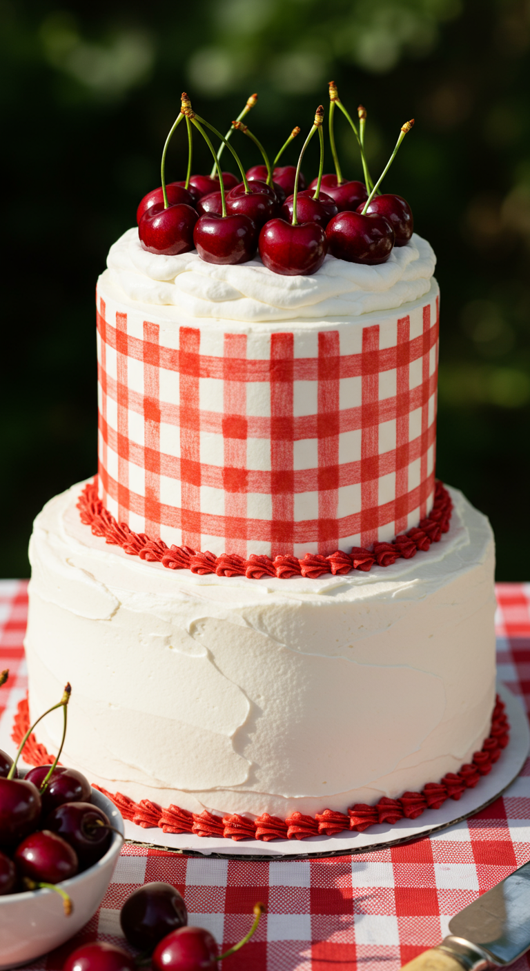 Zweistöckige Torte mit rot-weißem Karomuster und frischen Kirschen.