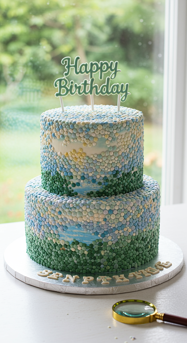 Zweistöckige Torte, komplett mit kleinen Farbtupfern in Grün-, Blau- und Weißtönen bedeckt.