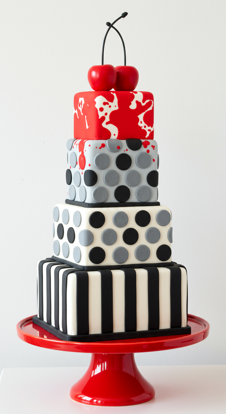Vierstöckige Torte mit grafischen Mustern in Schwarz, Weiß, Grau und Rot, mit Kirschen obenauf.