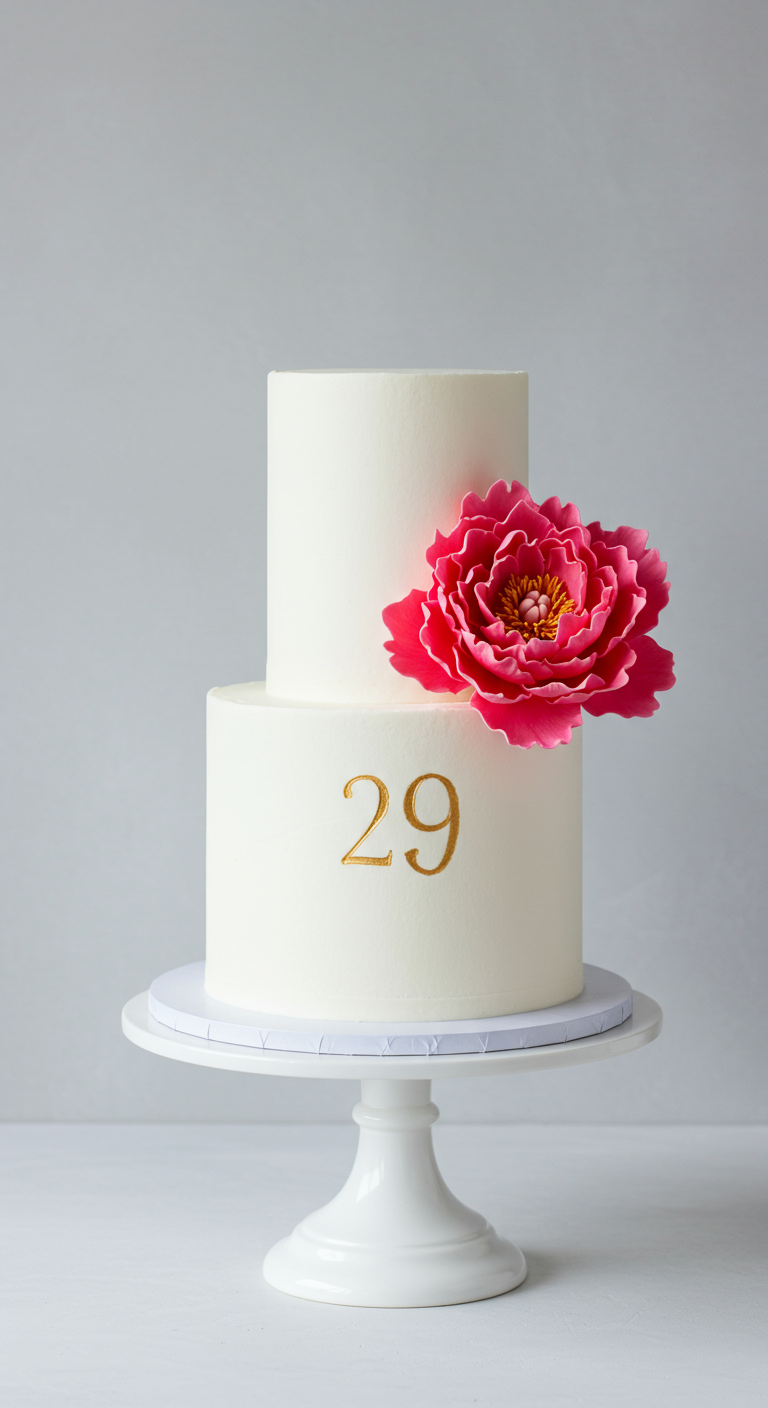 Zweistöckige weiße Torte mit großer pinker Zuckerblume und goldener Zahl 29.