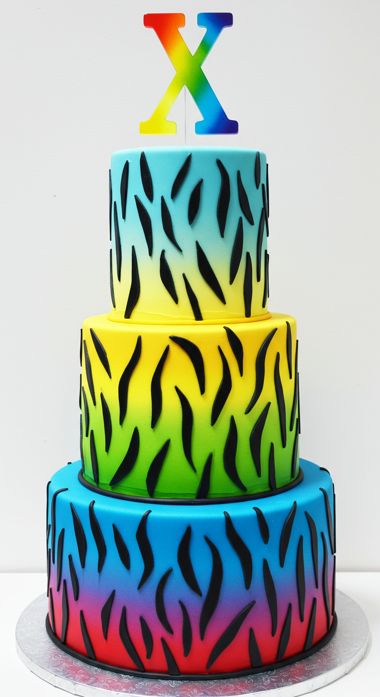 Dreistöckige Torte mit Regenbogenfarbverlauf und schwarzen Zebra-Streifen.