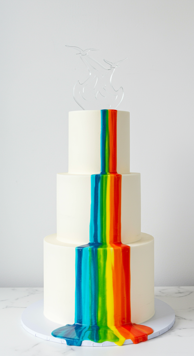 Weiße dreistöckige Torte mit einem bunten Regenbogen-Drip-Effekt.