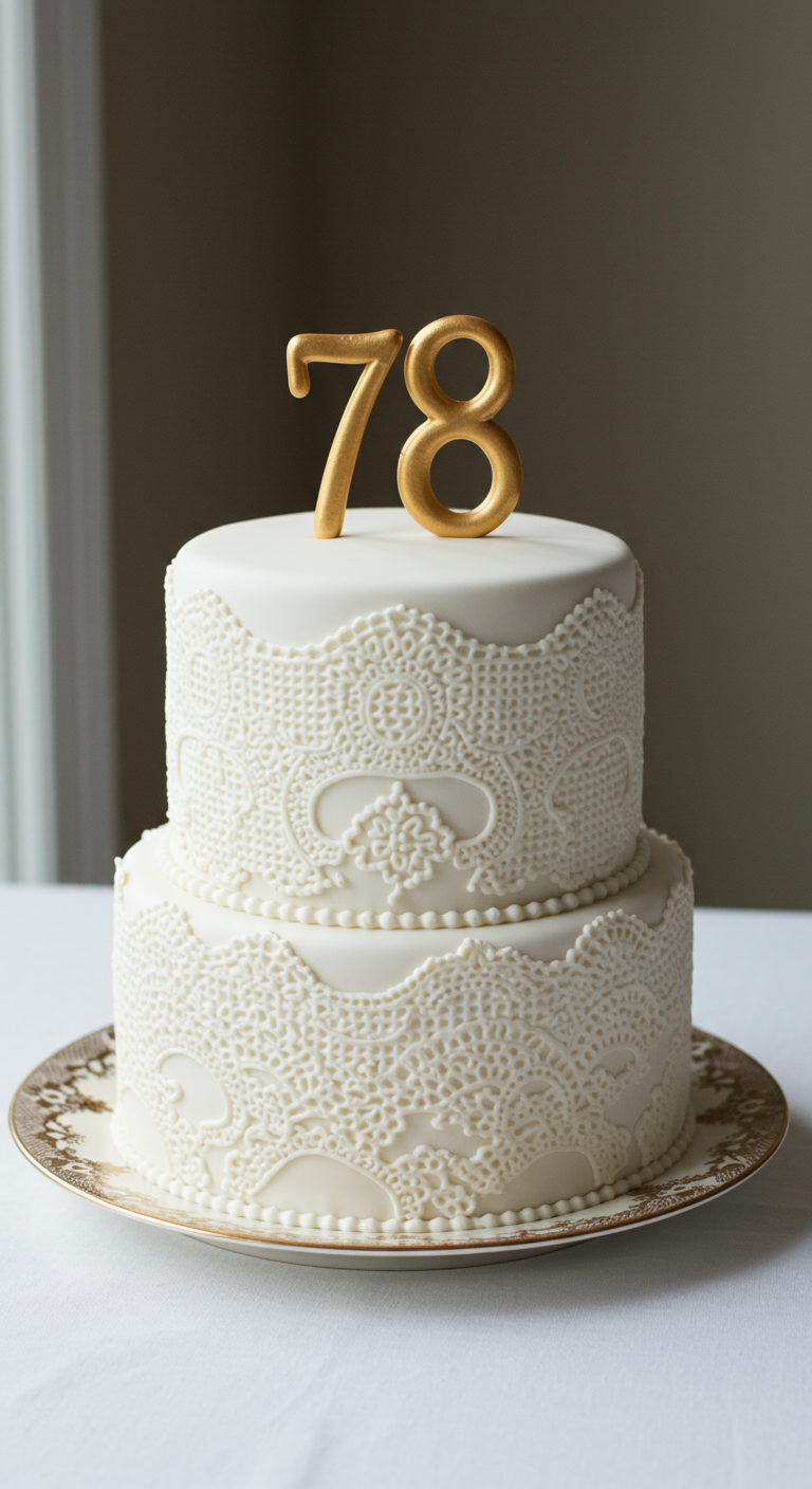 Zweistöckige weiße Torte mit filigranen weißen Spitzenmustern und goldener Zahl 78.