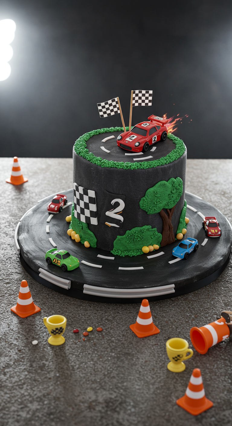 Rennstrecken-Torte mit Spielzeug-Rennautos, Zielflaggen und Bäumen.
