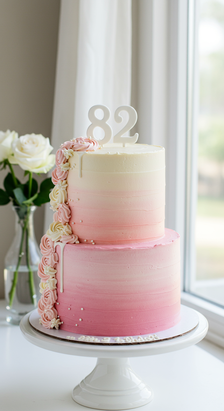 Zweistöckiger rosa Ombré-Kuchen mit einer Kaskade aus rosa und weißen Buttercreme-Rosen.