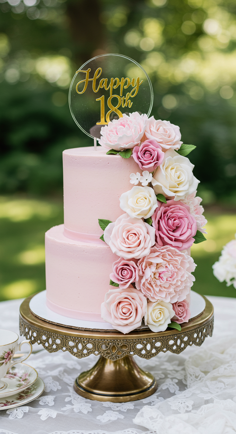 Zweistöckige rosa Torte mit üppiger Rosendekoration und