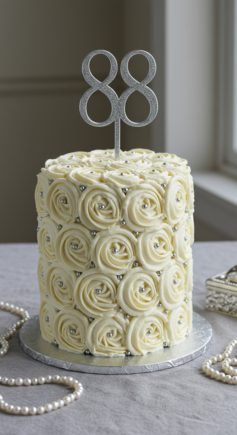 Weiße Torte komplett mit Buttercreme-Rosetten und Silberperlen bedeckt.