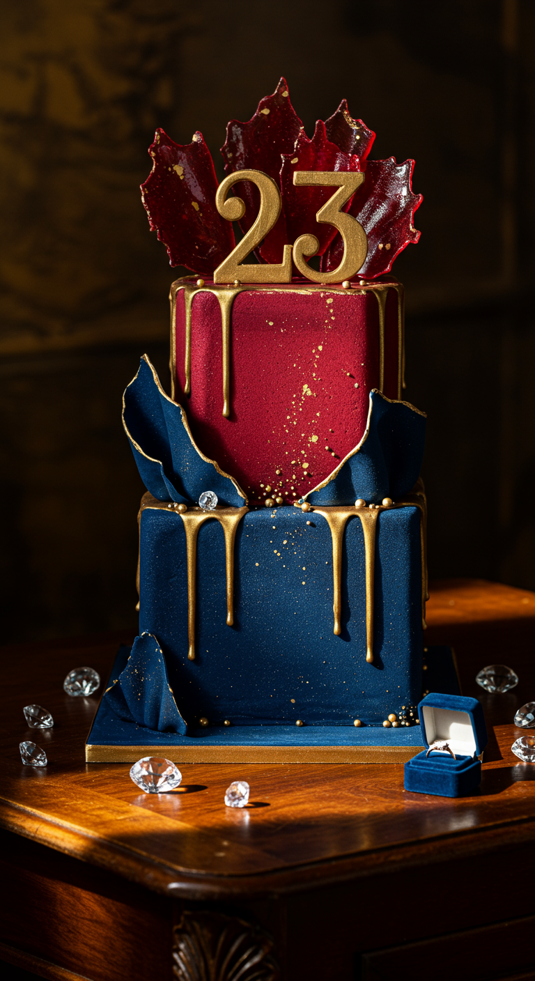 Zweistöckige quadratische Torte in Rot und Blau mit Golddrips und
