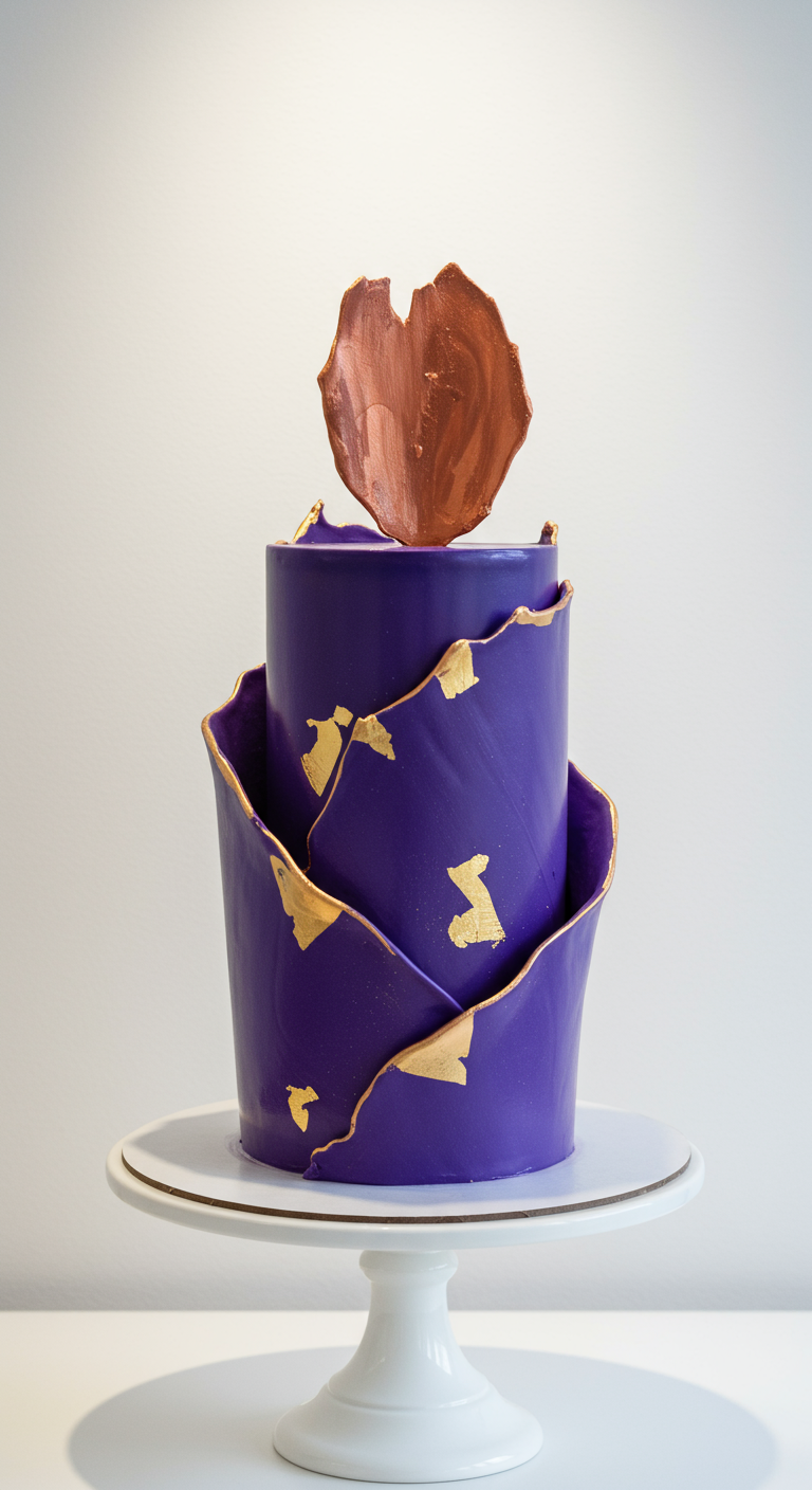 Lila Torte mit abstrakten, goldverzierten Elementen und kupferfarbenem Schokosegel.