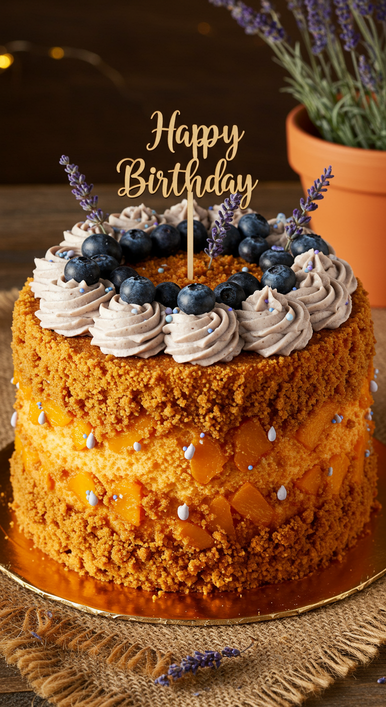 Rustikale Torte mit Keksbröseln, Pfirsichfüllung, Blaubeeren und Lavendel.