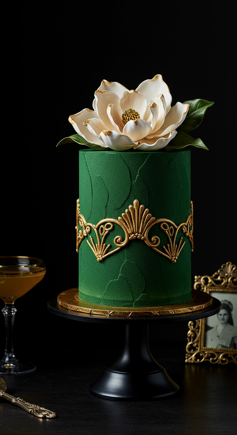 Dunkelgrüne Samt-Torte mit goldenem Ornament und großer weißer Zucker-Magnolie.