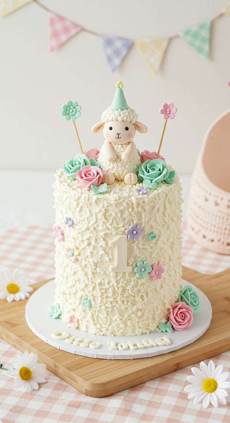 Weiße Torte mit Buttercreme-Wolloptik, Fondant-Lämmchen und Zuckerblumen.
