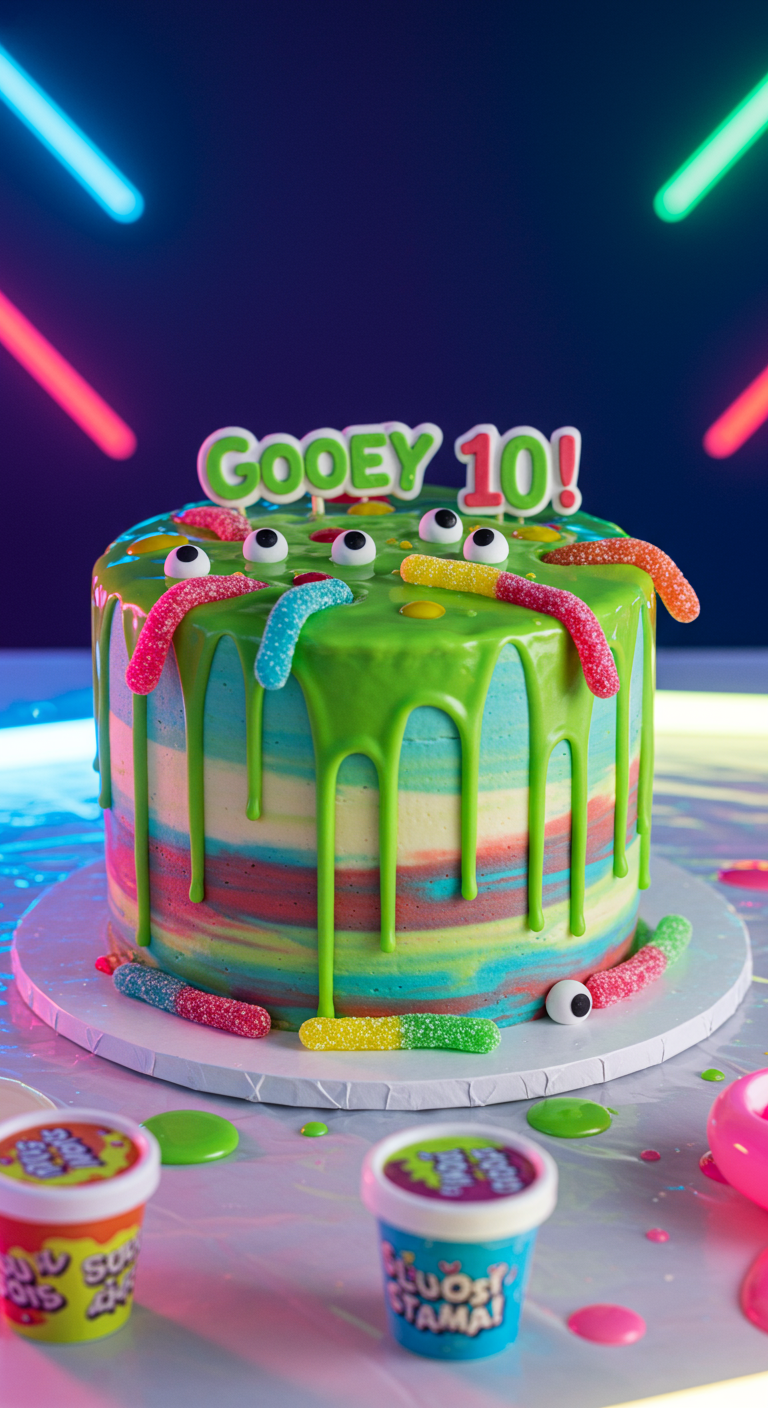 Regenbogen-gestreifte Torte mit grünem Schleim-Drip, Zuckeraugen und Gummibärchen-Würmern.