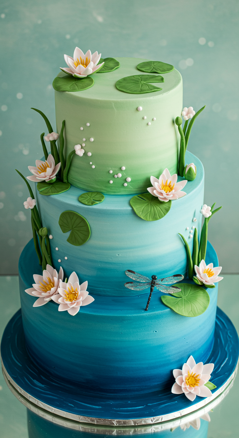 Dreistöckige Torte im Ombré-Look von Dunkelblau zu Hellgrün, mit Zucker-Seerosen.