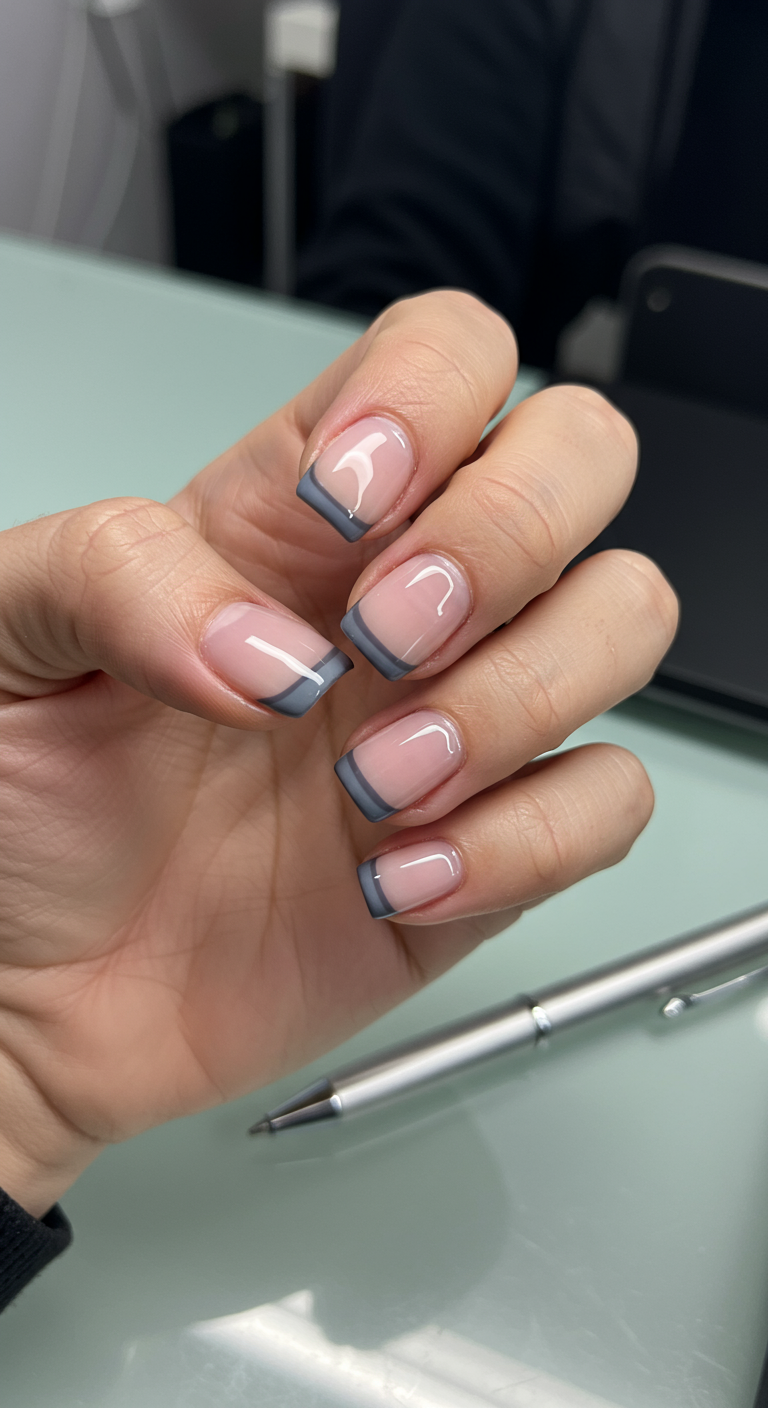 Kurze eckige Nägel mit sehr dünnen grauen French-Tips.