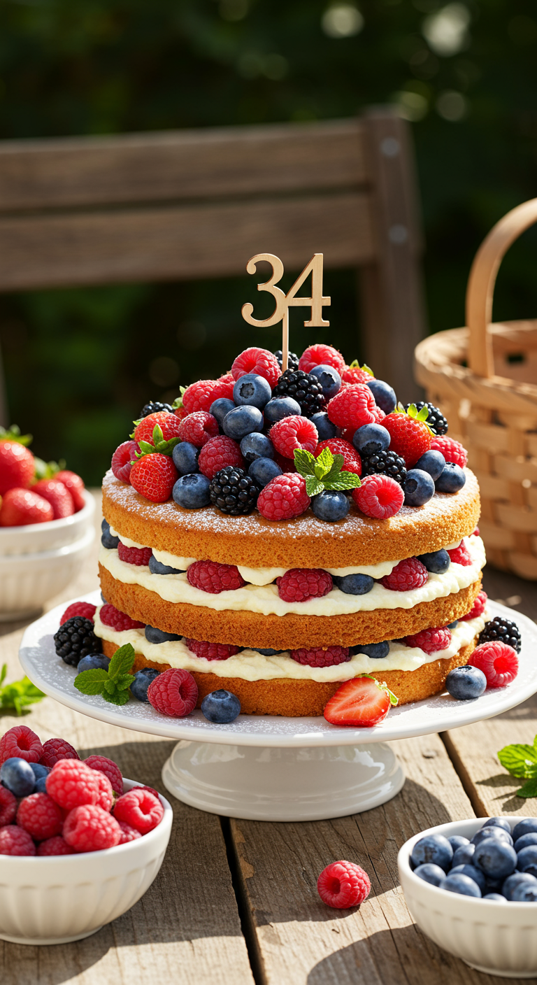 Zweischichtiger Naked Cake mit viel Sahne und frischen Beeren, „34“-Topper, im Freien.