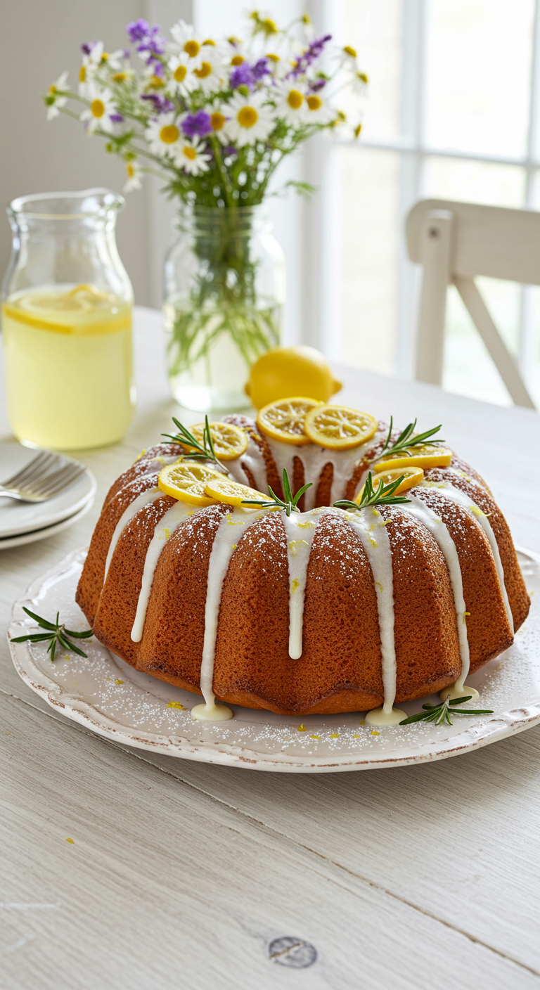 Zitronen-Gugelhupf mit Zuckerguss, Zitronenscheiben und Rosmarin auf hellem Tisch.