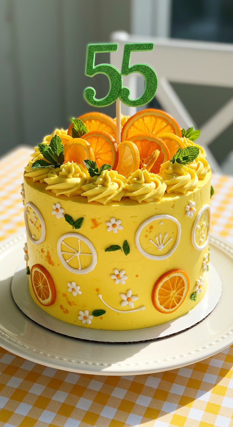Gelbe Torte mit Orangenscheiben, gelben Buttercreme-Tupfen und grüner Glitzer-Zahl 55.
