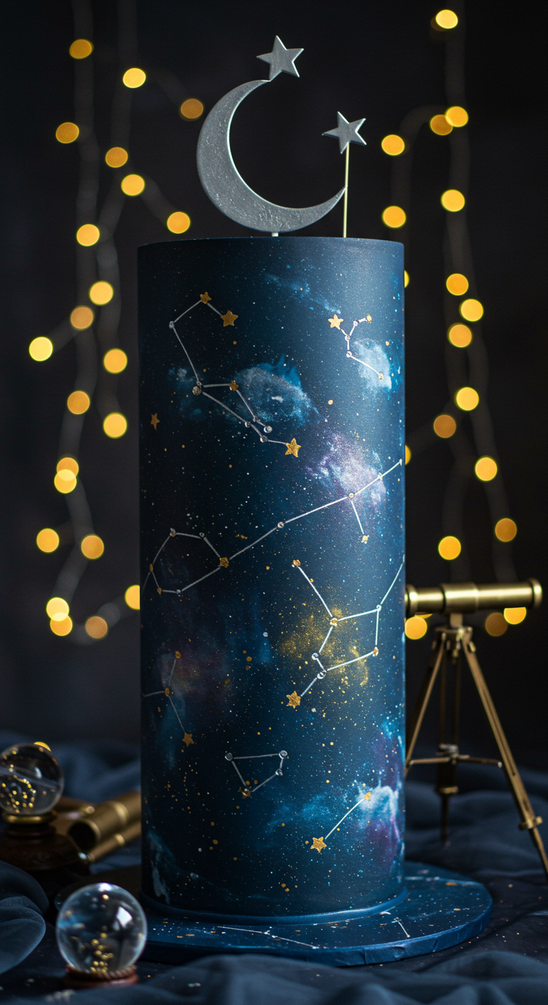 Hohe Torte mit Galaxie-Print in Blau- und Lilatönen, Sternen und Mond-Topper.