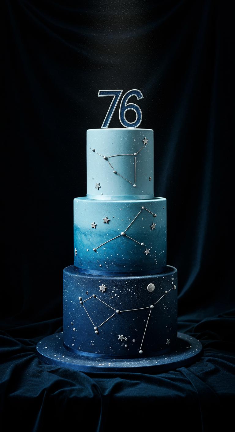 Dreistöckige dunkelblaue Ombré-Torte mit silbernen Sternbildern.