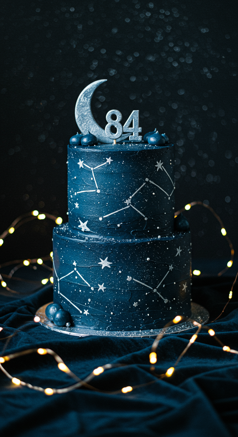 Zweistöckige dunkelblaue Torte mit Sternbildern, Mond-Topper und Zahl 84.