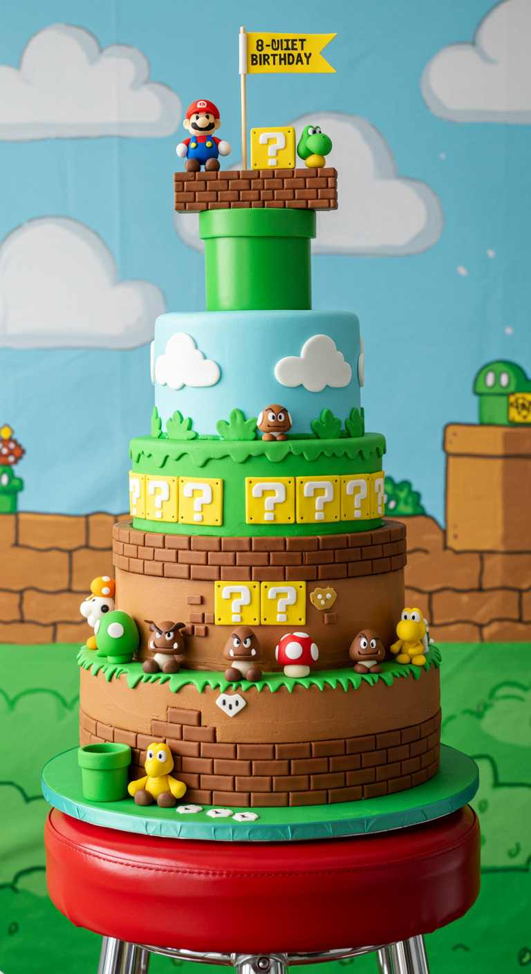 Mehrstöckige Super Mario Torte mit Figuren, Fragezeichenblöcken und Röhren